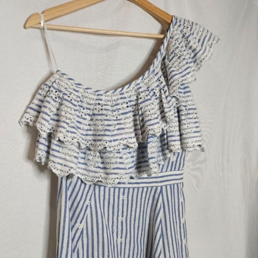 Kos Resort One Shoulder Midi Dress Ruffle Embroidered Eyelet White Blue Silver S - Picture 8 of 12